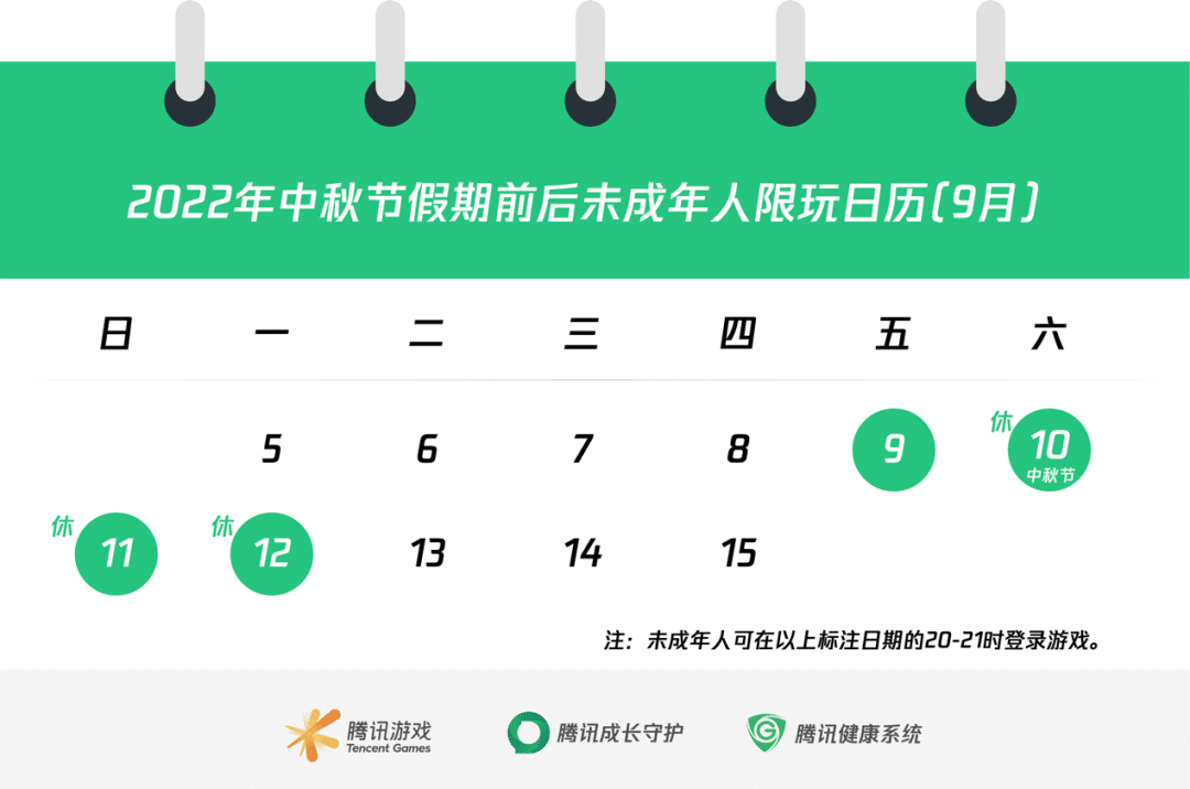 腾讯发布中秋节假期限玩日历：未成年人4天只能玩4小时